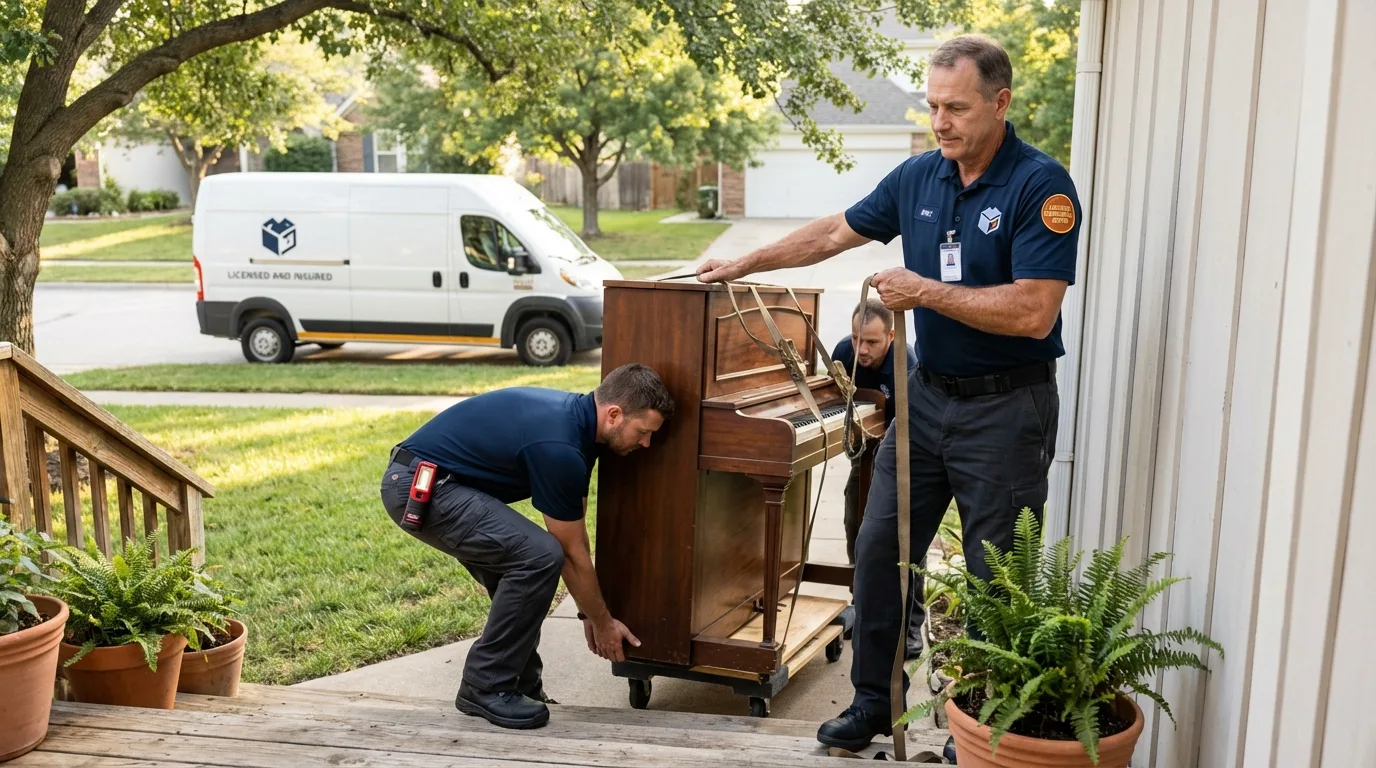 Licensed piano movers securing grand piano in Belgrade, MT