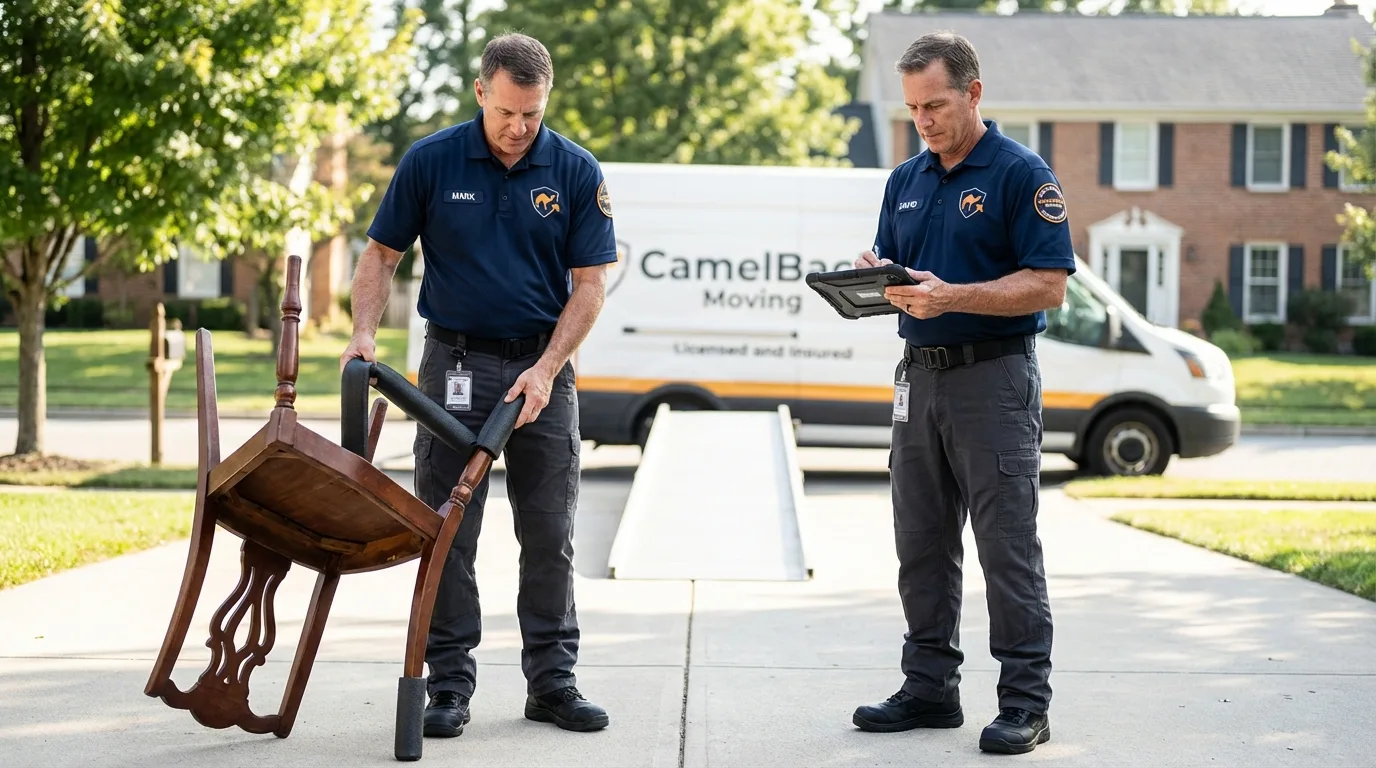 Movers inspecting furniture for damage prevention before loading in Belgrade, MT